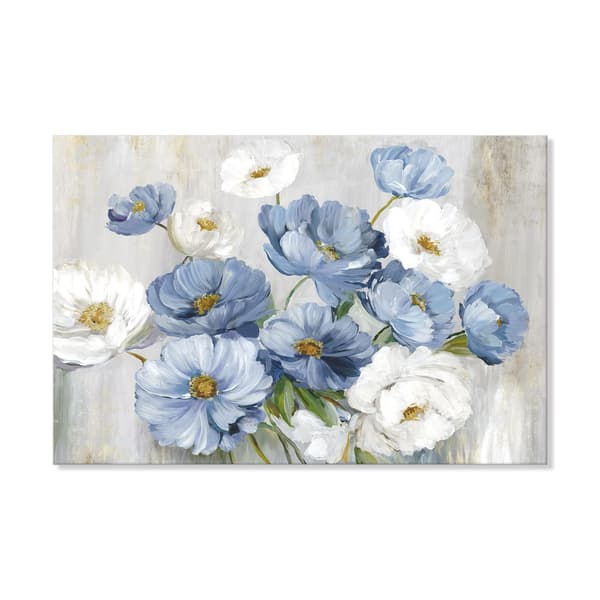 Blå blommig väggkonst, 60x80cm oframad dukmålning, modern vardagsrumsinredning