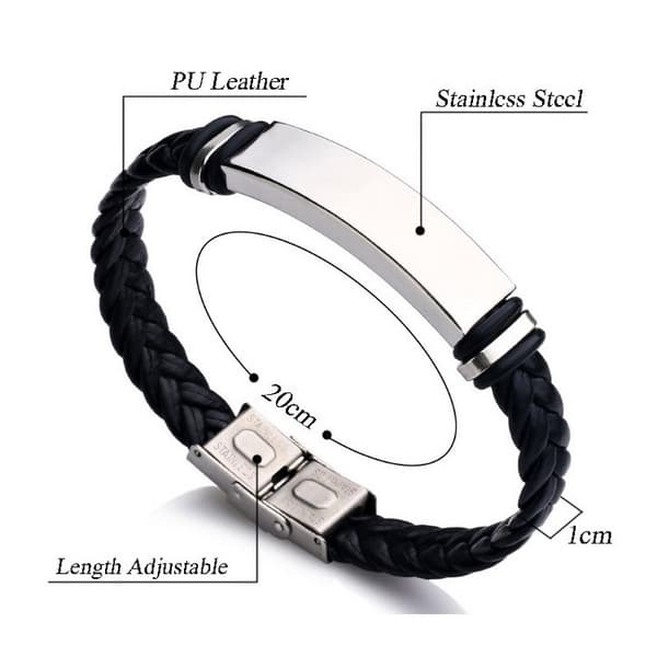 Flätat Armband, Svart, Rostfritt Stål & PU-läder, 20cm, Unisex