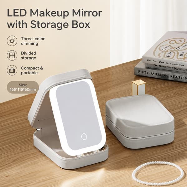 LED Makeup Spejl med Lys, Sort Opbevaringsboks, Dobbeltlags Kosmetik Organizer, Bærbar