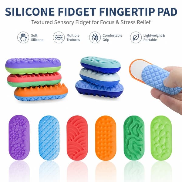 Silikone Sensoriske Fingerpuder til Angstlindring, 6-pak, Blå/Mørkeblå, Tekstureret, Lommestørrelse, Stille