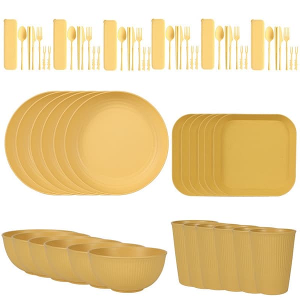 Servisesett i hvetehalm, gul, 66 deler for 6, vertikal stripe, bærbart utendørs
