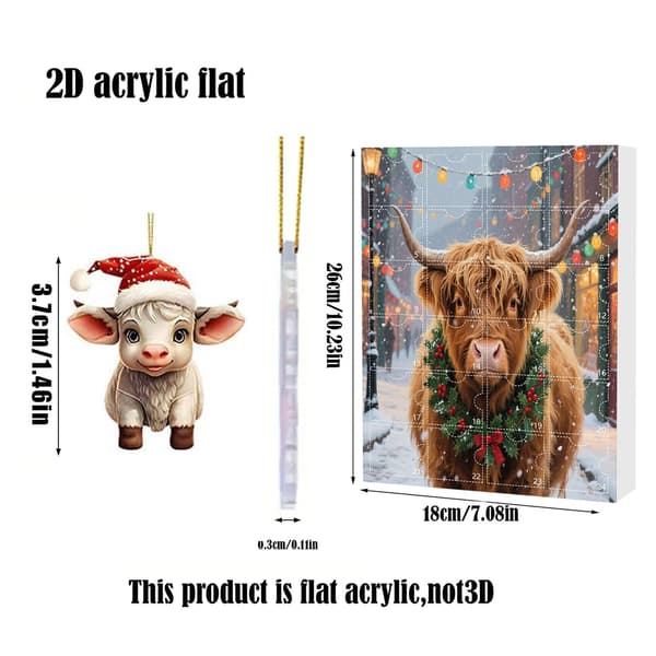 Julkalender med skotsk höglandsboskap, 24-dagars nedräkning, 2D akrylornament, Stil A