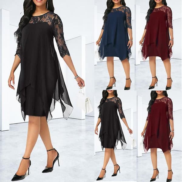 Dame Blonde Panel Trekvartærmet Chiffonkjole DARK-BLUE XL