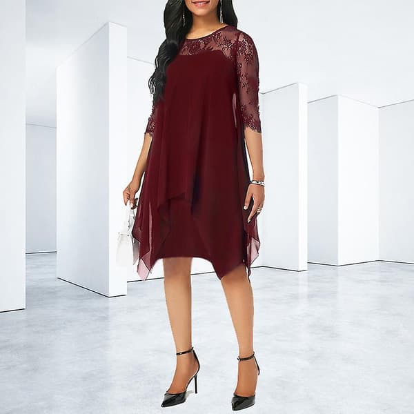 Dame Blonde Panel Trekvartærmet Chiffonkjole WINE-RED M