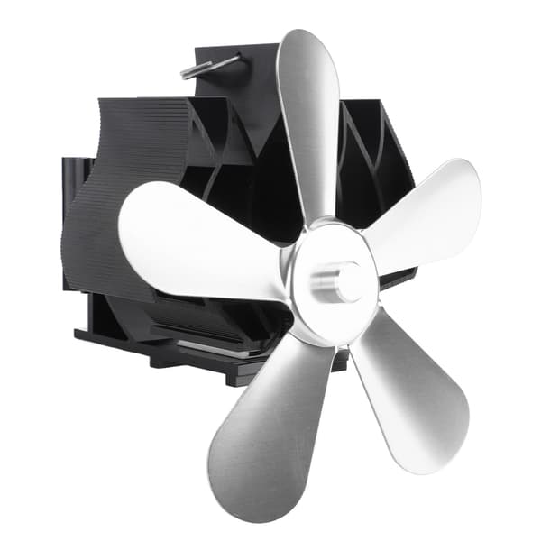 Vægmonteret varmefyret pejsventilator, 5 blade, brændeovnsventilator, sølv