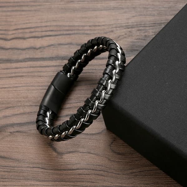 Flätat PU-läderarmband för män, svart, rostfritt stål, mode, storlek M