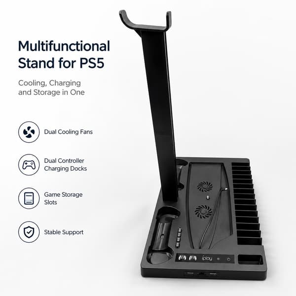 PS5 Kylställ med handkontrollsladdare, svart, ABS, spelförvaring, multifunktionell