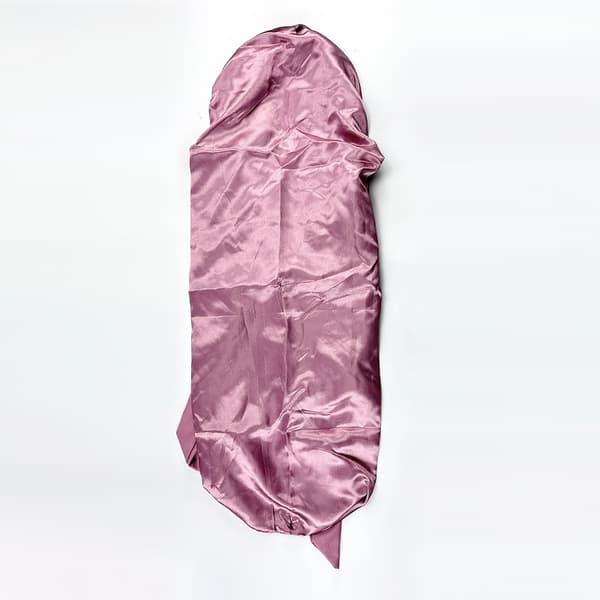 Satinsovluva med rosett, rosa guld, justerbar, mjuk polyester, anti-friss hårbonnet