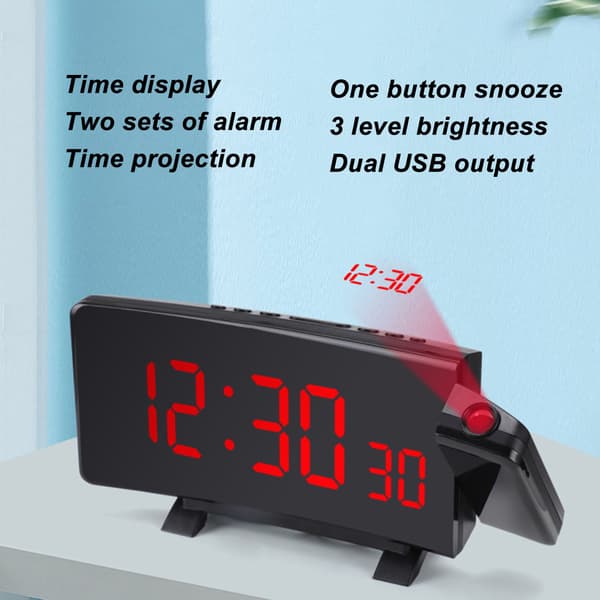 Projektionsvækkeur med 2 USB-porte, buet LED-display, digital projektor til soveværelse og kontor