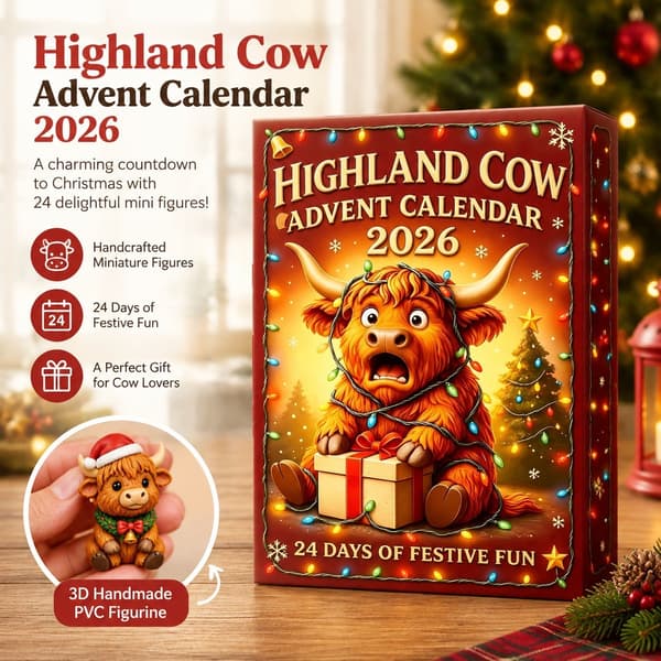 Høylandsfe Julekalender 2026, 3D Håndlaget PVC-figur, Moderne Dekor Style A