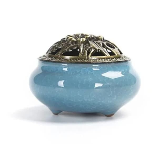 Blå keramisk rökelsebrännare, traditionell trebent design, multifunktionell, inomhusbruk