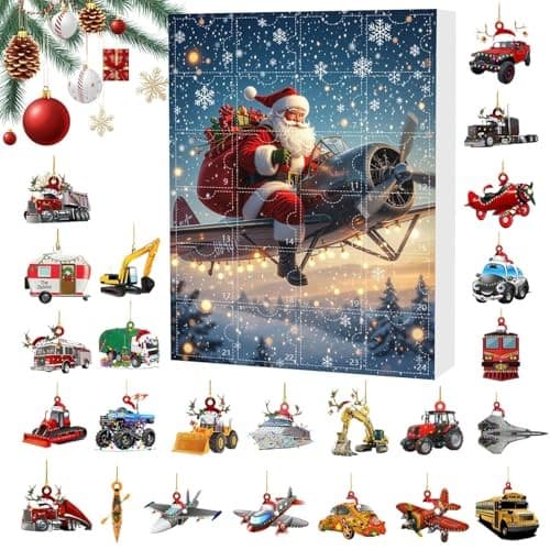 Julkalender 2025, 24-dagars nedräkning med tomtefordon, akryl, stil A
