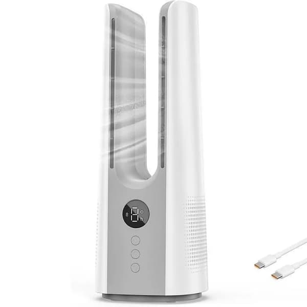 Bladeless tårnventilator, 9 hastigheder 60° oscillation, genopladelig bordventilator til kontor og soveværelse white