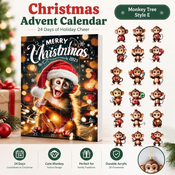 Adventskalender i akryl med juletrepynt, apetre, 2D, 2025, stil E