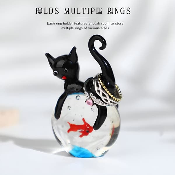 Håndblæst glas sort kattefigur, mini katte- og fiskeskulptur, samlerobjekt boligindretning, gave til katteelskere
