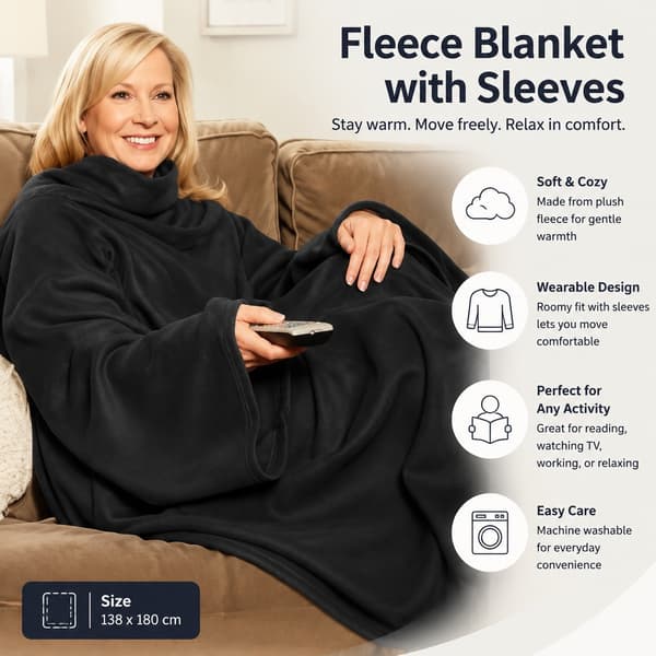 Fleece tæppe med ærmer, sort, 138x180cm, varmt bærbart tæppe, hyggeligt til tv-læsning Black