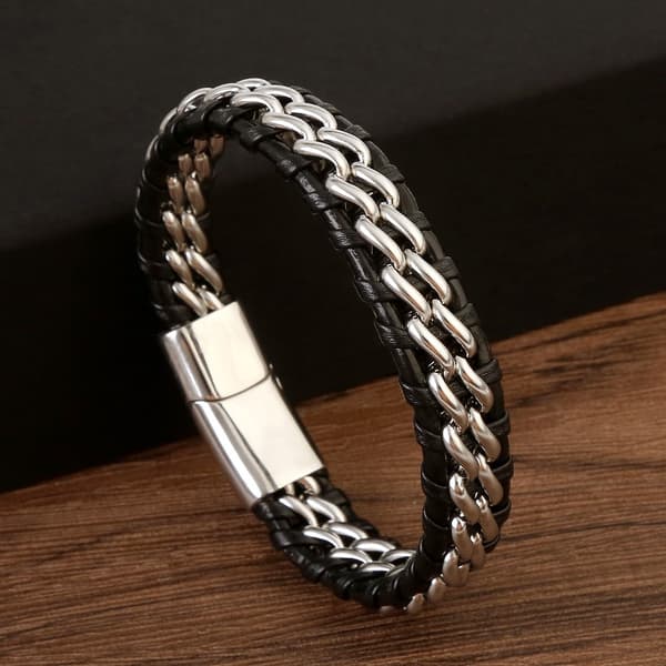 Flettet PU Læderarmbånd, Sort & Hvid, Rustfrit Stål, Unisex Stil