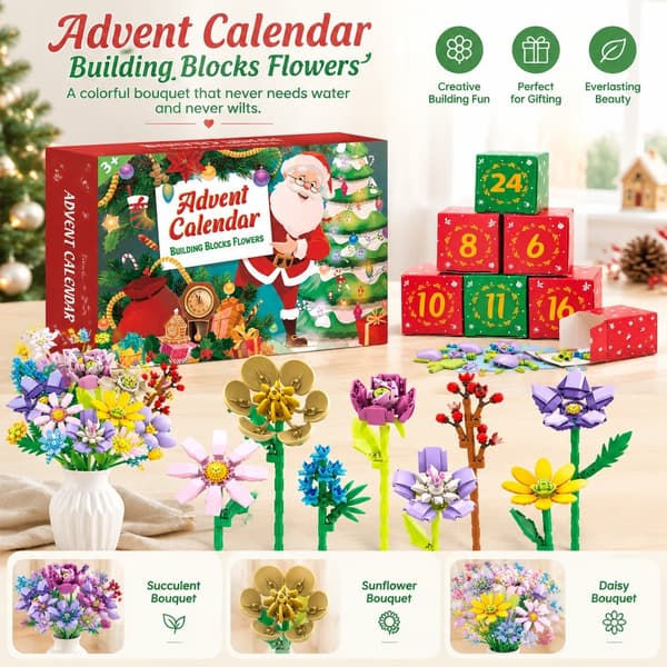 Solsikke-buket byggesæt, jule-blindbox, blomster-nedtællingsgave