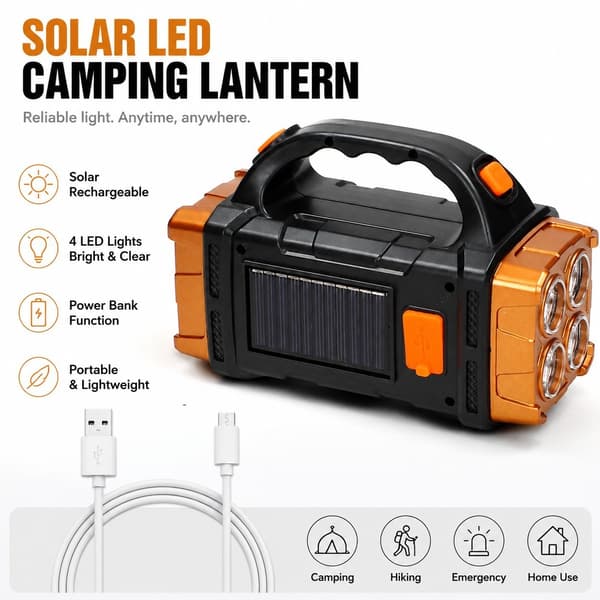 Bærbar oppladbar solcelle LED-campinglykt med powerbank, oransje Orange