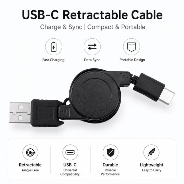 USB-C infällbar kabel 2-pack, Typ-C 3.1 laddning och datasynkronisering, svart, bärbar