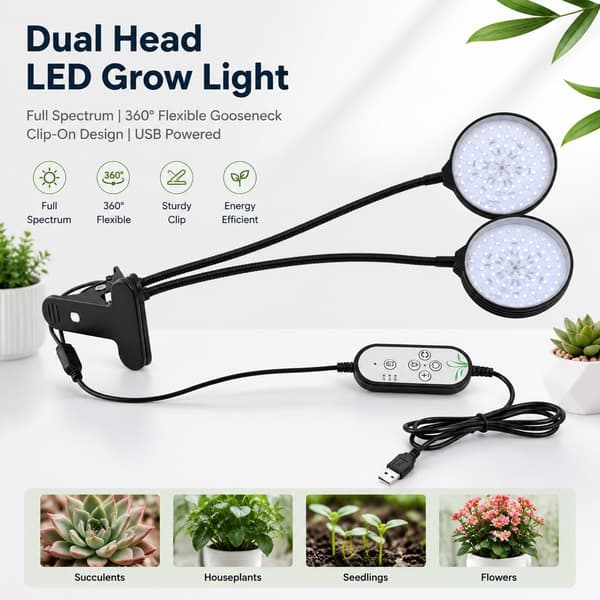 30W Dobbelt Hoved LED Plantegrowlight, Clip-On, 5-Niveauer Lysstyrke, til Indendørs Planter
