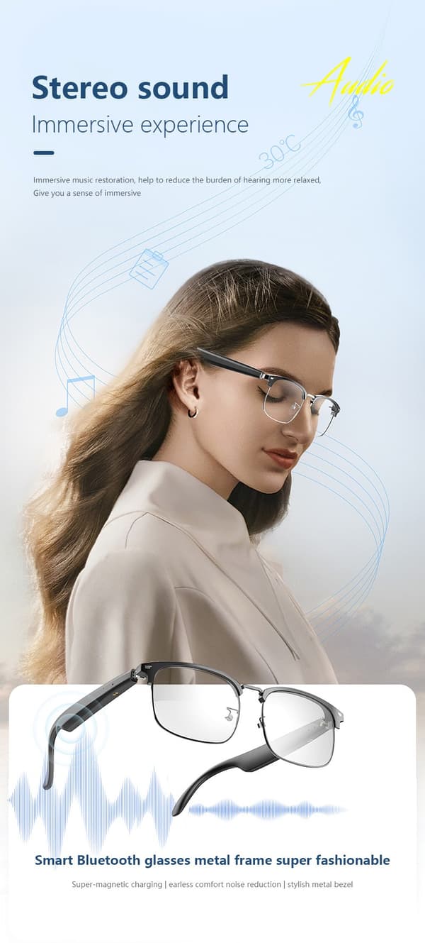 Smarte Bluetooth-briller, berøringskontroll, AI stemmeassistent, håndfri kommunikasjon