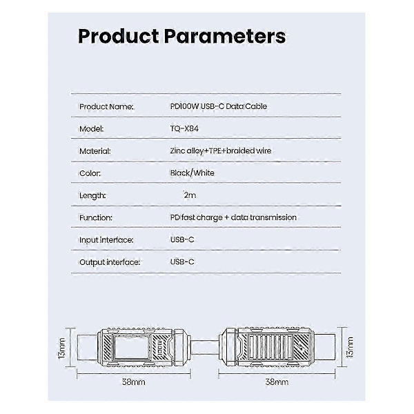 2m Type C til Type C Kabel 100W Display Mekanisk Datakabel Hurtigopladning USB C til USB C Kabel til