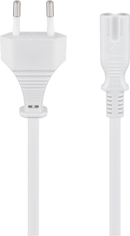 Strømkabel med Euro-plugg, C7-kontakt, 3m, hvit, 2.5A 250V, erstatningskabel