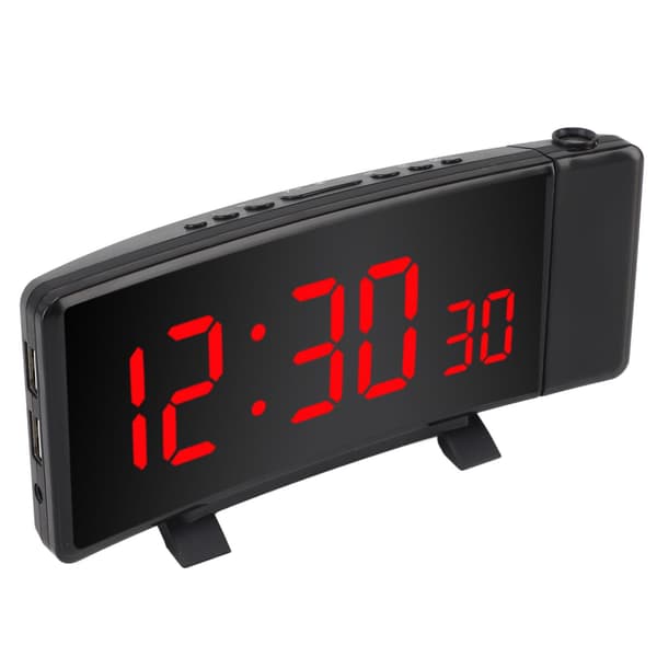 Projektionsväckarklocka med 2 USB-portar, böjd LED-display, digital projektor för sovrum och kontor