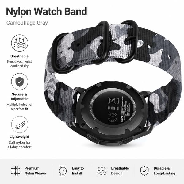 Nylonarmband för Samsung Galaxy Watch 4 & Huawei GT 4, kamouflagegrå, justerbart, andningsbart, modell 2