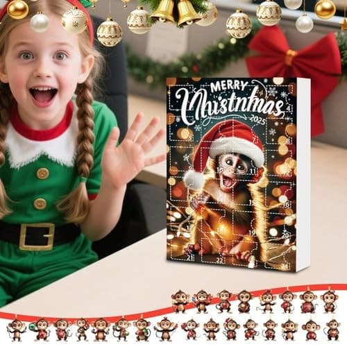 Adventskalender i akryl med juletrepynt, apetre, 2D, 2025, stil E