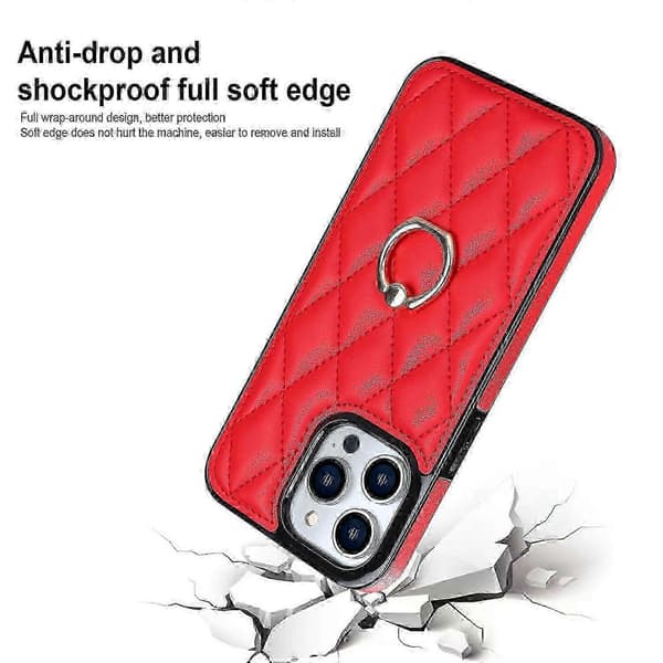 PU Läder+TPU Telefonfodral för iPhone 13 Pro Max, Sydd Romber Ringhållare Ställ Telefonöverdrag Red