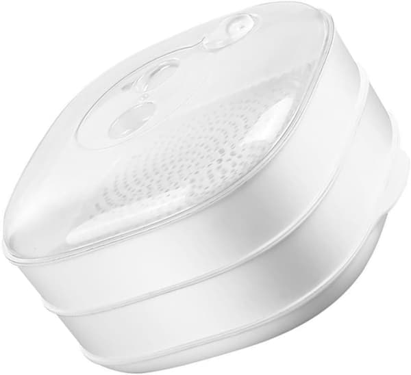 Mikrovågsugn Plast Tvålagers Ångkokare med Lock för Matlagning av Ris och Dumplings, Vit