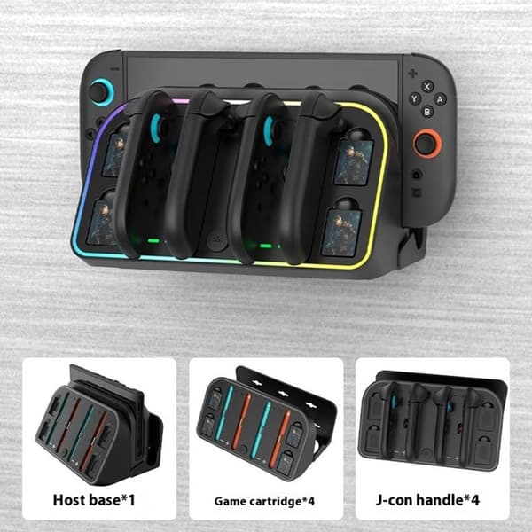 Vægmonteret ladestation til Nintendo Switch 2, RGB-lys, opbevaring til 4 enheder