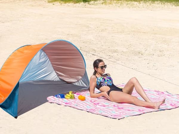 Pop-Up Strandtelt, Selvfoldende UV-Shelter, Blå Orange, Bærbart til Udendørsbrug