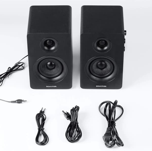 60W kulfiber reolhøjttalere, Bluetooth 5.0 aktiv stereo, 24-bit DAC med diskant- og basjustering