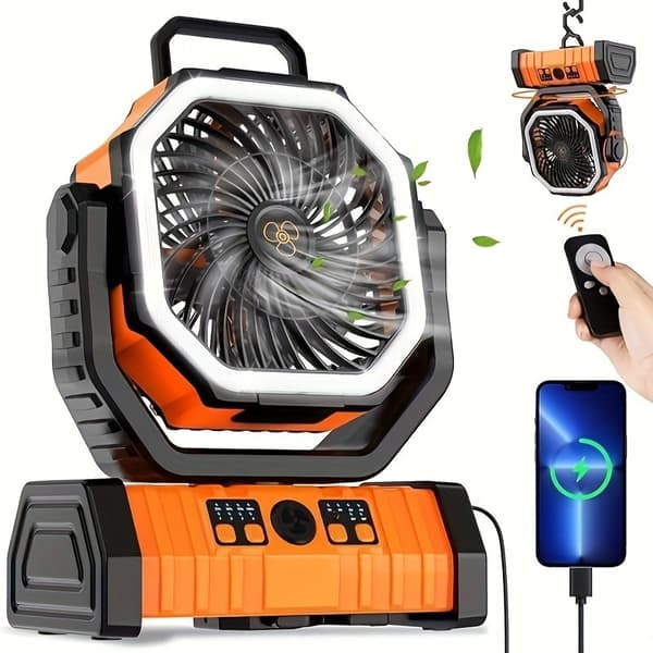 Bærbar USB Genopladelig Campingventilator med LED-lys, 4 Vindhastigheder, Orange