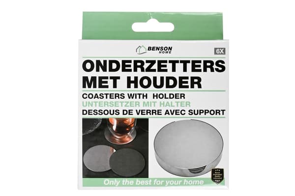 Sæt med 6 glasbrikker i rustfrit stål med holder, sølv, 10 cm, til glas, krus, kopper