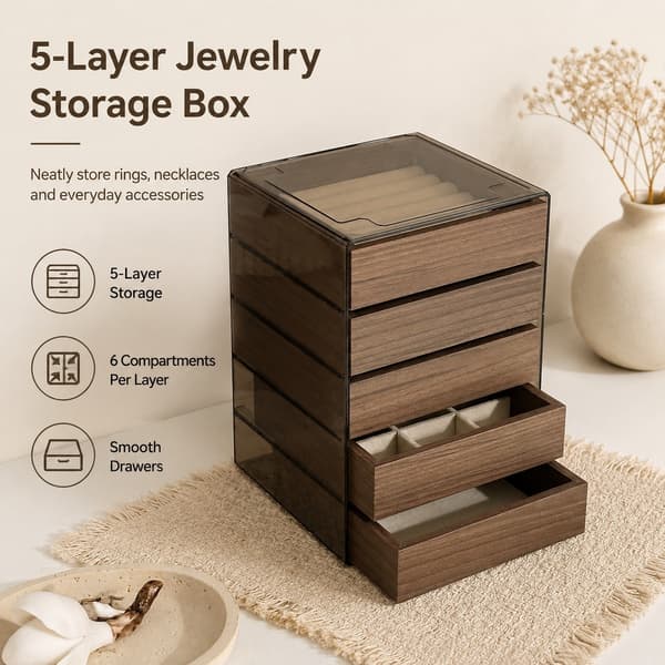 Smykkeopbevaringsboks, 3-lags valnøddetræ, skuffeorganisator, støvtæt, stor kapacitet, skrivebord Walnut 5-Layer Model B