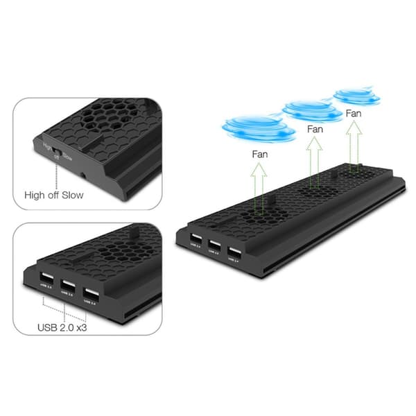 Xbox One X lodret stander med køleventilator og 3 USB-porte, sort