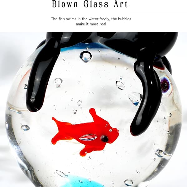 Håndblæst glas sort kattefigur, mini katte- og fiskeskulptur, samlerobjekt boligindretning, gave til katteelskere