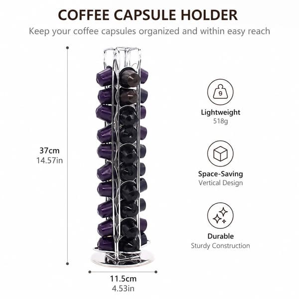 Kaffekapselopbevaringsstativ, sølv, rummer 40 Nespresso-kapsler, roterende