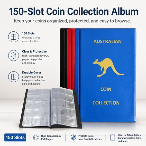 150-slots møntsamlingsalbum, PVC sølvdollar mindemøntholder, sort blå rød