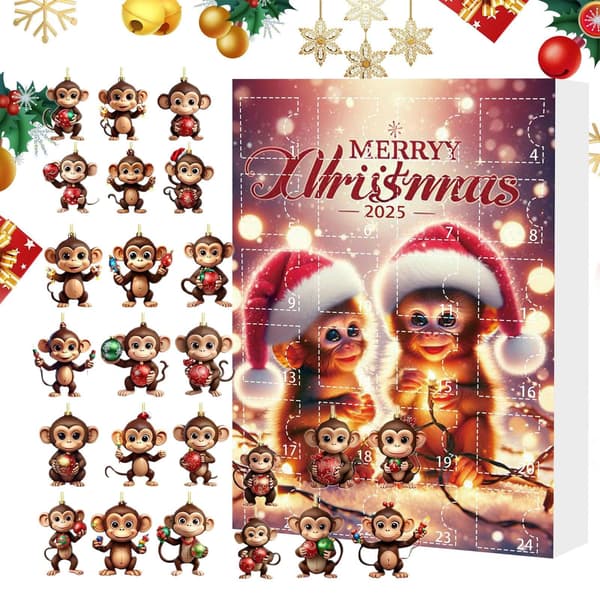 Julepynt adventskalender, ape, 2D akryl, stil D