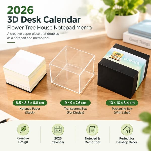 2026 3D Skrivebordskalender Blomst Trehus Notisblokk Memo, Papir, 3.35\" Skrivebordsdekor