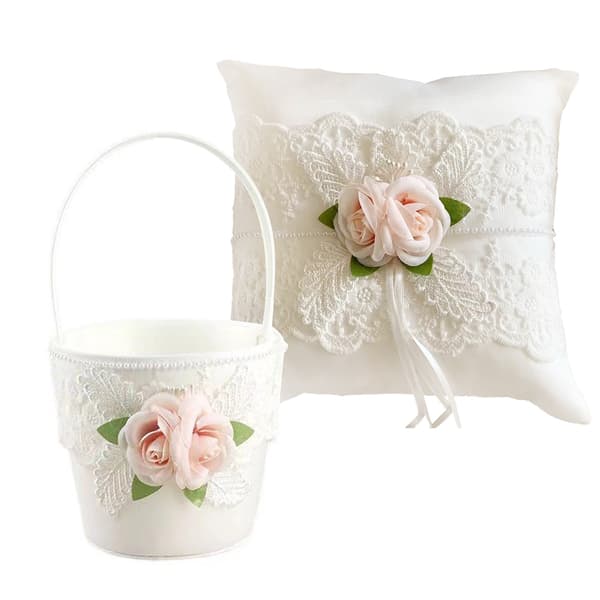 Blomsterkurv og Ringpute Sett, Rosa Hvit Blonder, Bryllupsseremoni