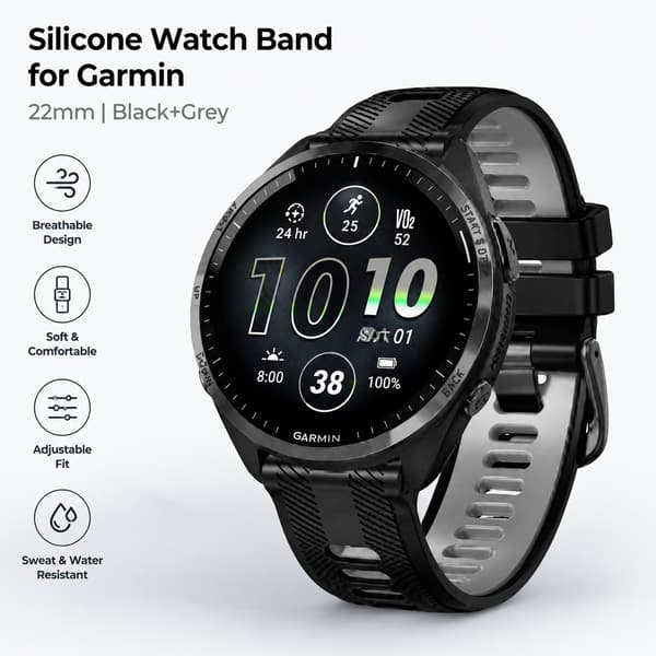 Silikoneurrem til Garmin, 22mm, Sort+Grå, Åndbar, Justerbar