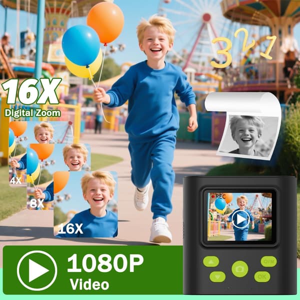 Børns Instant Kamera med 2,0\" IPS-skærm, HD Termisk Udskrivning, 32GB Kort, Sort