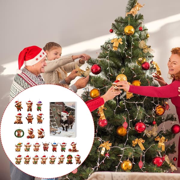 Julekalender med Highland-ku, 2D akryl, 24 dagers nedtelling, festdekorasjon K