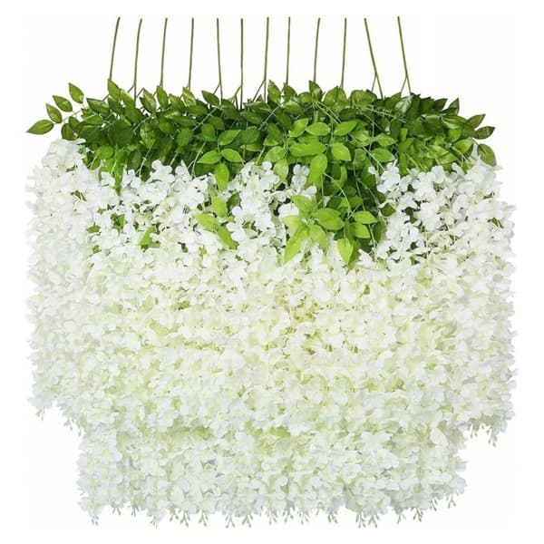 12 stk. kunstig blåregn, ren hvit, simulerte blomster for bryllup og utendørsdekor